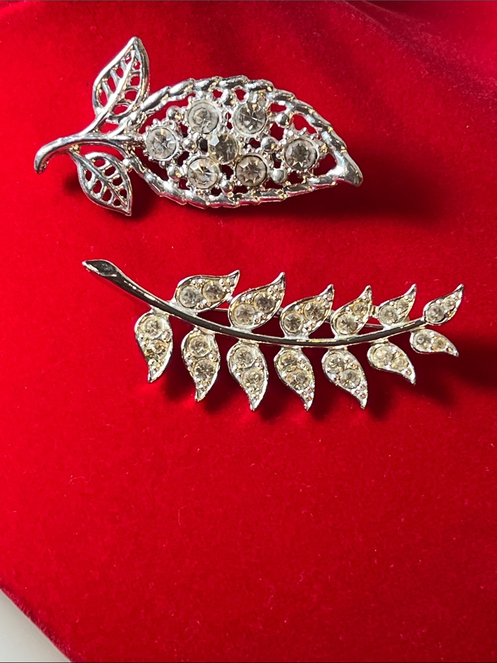 Sarah Coventry Leaf Spray Brooch plus a second Leaf Brooch both rhinestones